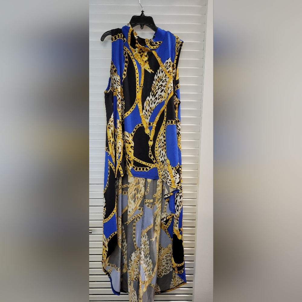 miami Chain & Leopard High-Low Dress in Blue, Black & Gold